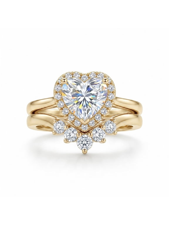 Solitaire Heart Engagement & Wedding Ring Set for Women and Men 14K Yellow Gold-Plated with Clear Cubic Zirconia, Size 6, 2 Pieces