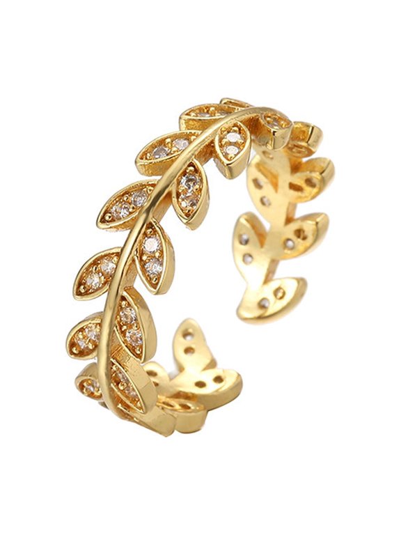 Women's Open Leaf Ring 14K Gold-Plated with Clear Cubic Zirconia, Daily Wear, Size Adjustable, Gift Box Included