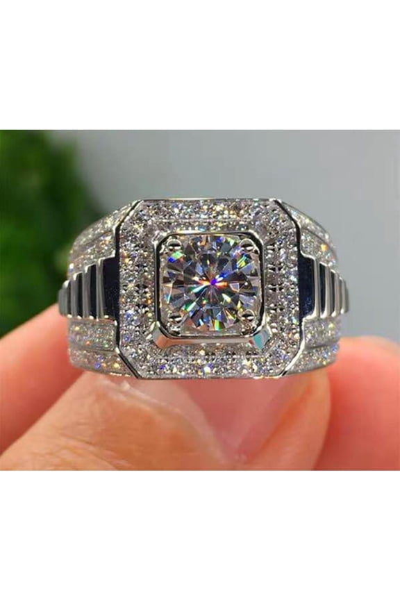 Mens Statement Ring Wedding Band Titanium CZ Gemstone Jewelry Comfort Fit Gift With White Gift Box Packaging
