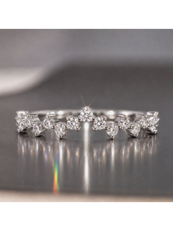 Women's Semi Eternity Meteor Ring 14K White Gold-Plated with Clear Cubic Zirconia, Daily Wear, Size 7, Gift Box Included