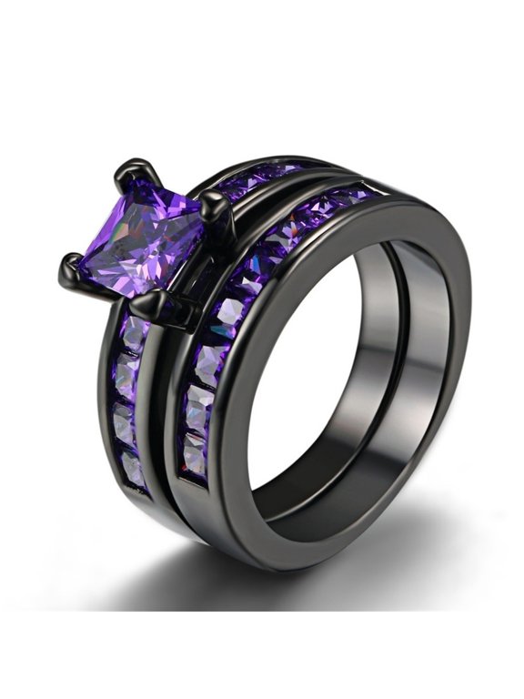 Promise Cube Ring for Women and Men 14K Black Gold-Plated with Purple Cubic Zirconia, Size 5, 2-Piece Set, Gift Box Included