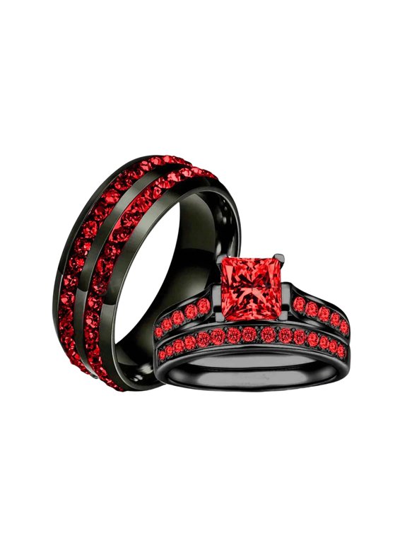 Promise Cube Ring for Women and Men 14K Black Gold-Plated with Red Cubic Zirconia, Daily Wear, Size 5, 2-Piece Set, Gift Box Included