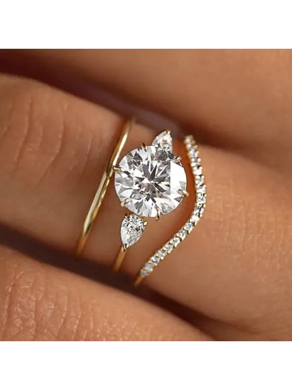 Women's Multi Stone Circle Ring 14K Gold-Plated with White Cubic Zirconia, Valentine's Day Gift, Size 9, 3-Piece Set, Gift Box Included
