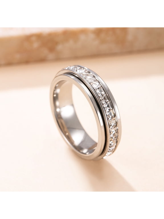 Unisex Spinner Circle Ring for Both Men and Women 14K White Gold Plated with Clear Cubic Zirconia for Everyday Size 6 Gift Box Included