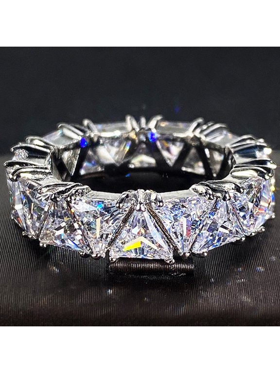 Multi Stone Triangle Ring for Women and Men 14K White Gold-Plated with White Cubic Zirconia, Daily Wear, Size 8, Gift Box Included