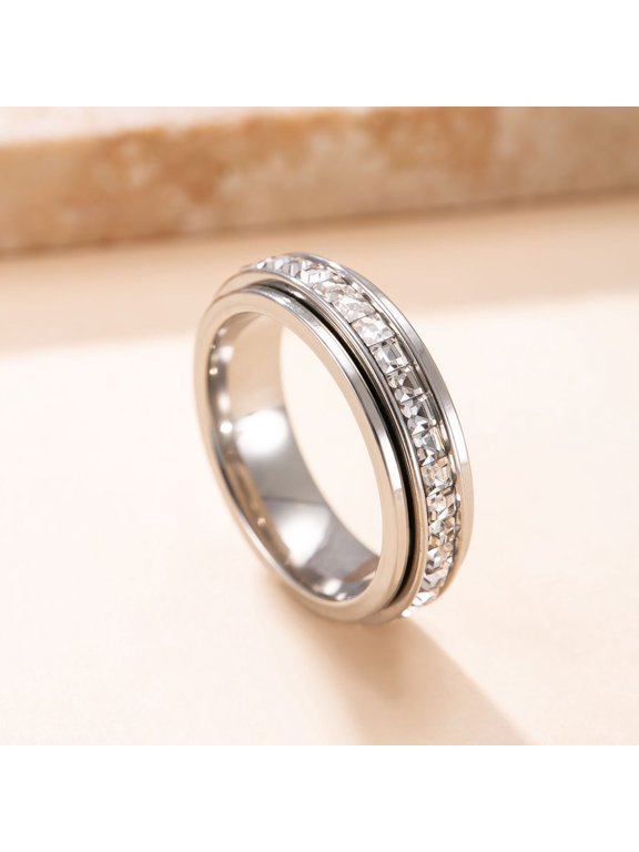 Unisex Spinner Circle Ring for Both Men and Women 14K White Gold Plated with Clear Cubic Zirconia for Everyday Size 9 Gift Box Included