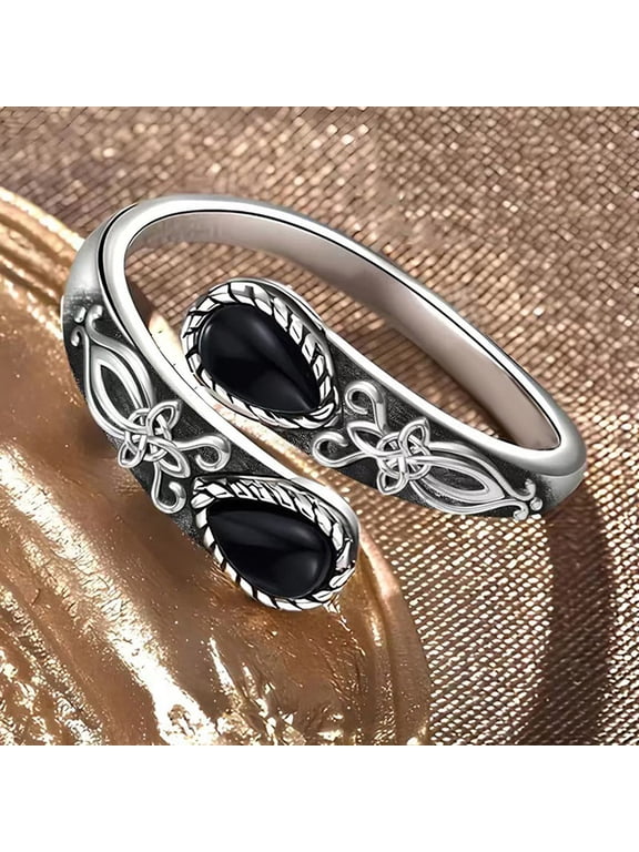 Women's Open Teardrop Shape Ring with Black Sodalite, Daily Wear, Size Adjustable, Gift Box Included