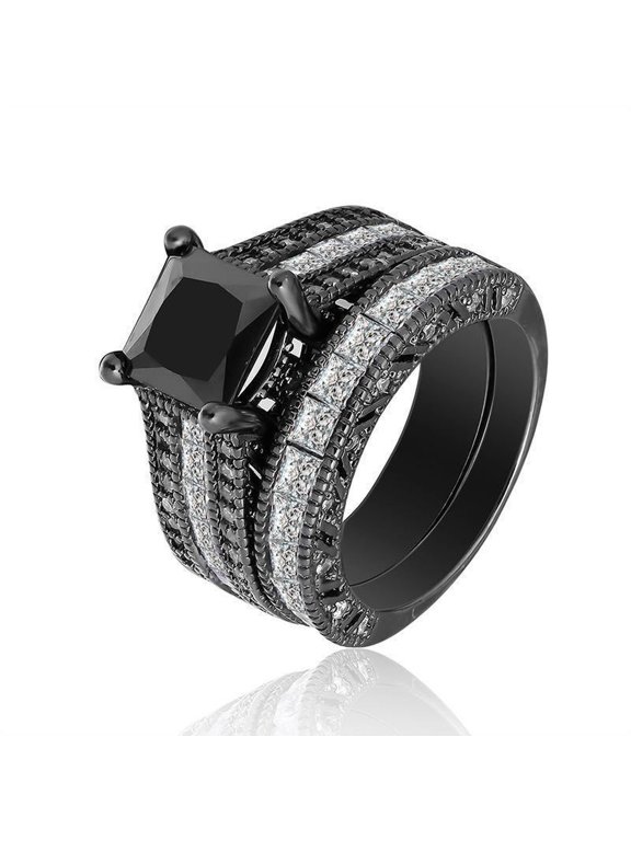 Semi Eternity Cube Ring for Women and Men 14K Black Gold-Plated with Black & White Cubic Zirconia, Size 9, 2-Piece Set, Gift Box Included