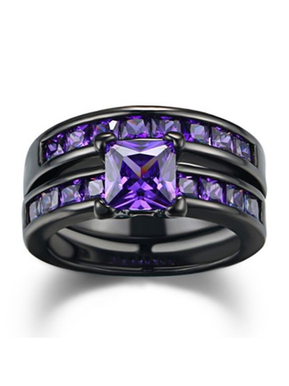 Semi Eternity Cube Ring for Women and Men 14K Black Gold-Plated with Purple Cubic Zirconia, Daily Wear, Size 9, 2-Piece Set, Gift Box Included