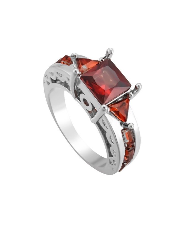 Semi Eternity Cube Ring for Women and Men 14K White Gold-Plated with Red Cubic Zirconia, Birthday Gift, Size 11, Gift Box Included