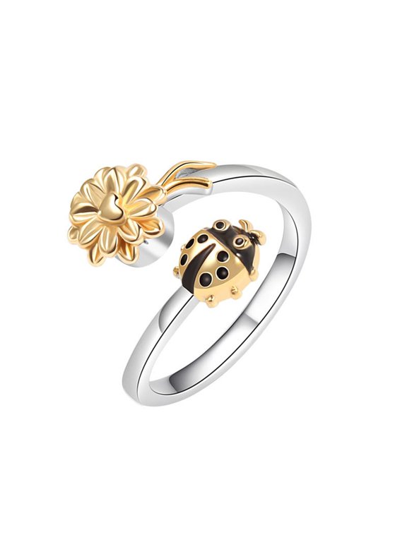 Ladybug Spinner Ring for Women Two Tone Gold Plated and Silver Plated Adjustable Size for Valentine's Day Gift Box Included