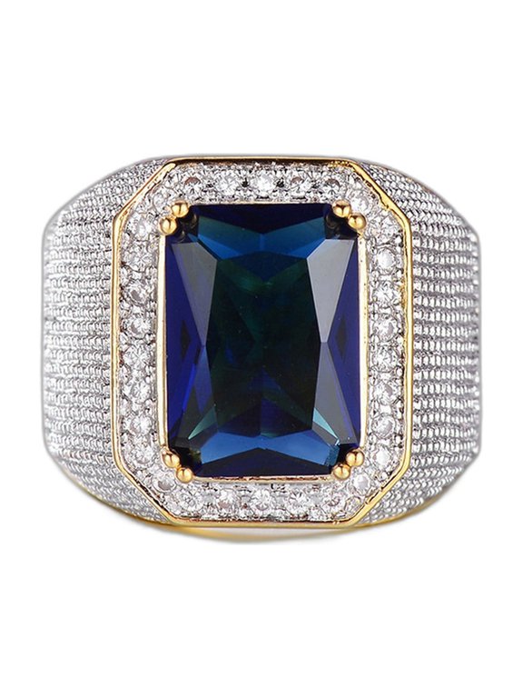 Men's Cluster Cube Engagement Ring 14K Gold-Plated with Blue Crystal and Clear Cubic Zirconia, Size 6, Gift Box Included