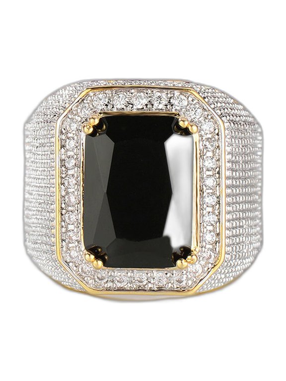 Men's Cluster Cube Engagement Ring 14K Gold-Plated with Black Crystal and Clear Cubic Zirconia, Size 6, Gift Box Included