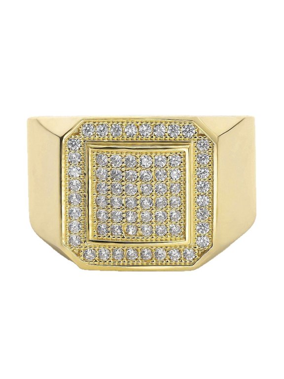 Square Statement Ring for Men 14K Gold Plated with Clear Cubic Zirconia Size 12 for Halloween Gift Box Included