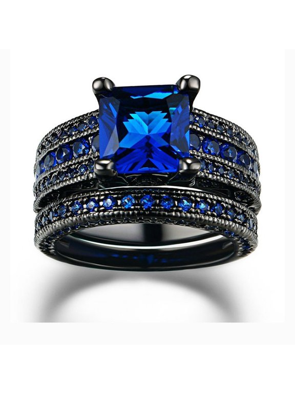 Stacking Cube Ring for Women and Men 14K Black Gold-Plated with Blue Cubic Zirconia, Daily Wear, Size 6, 2-Piece Set, Gift Box Included