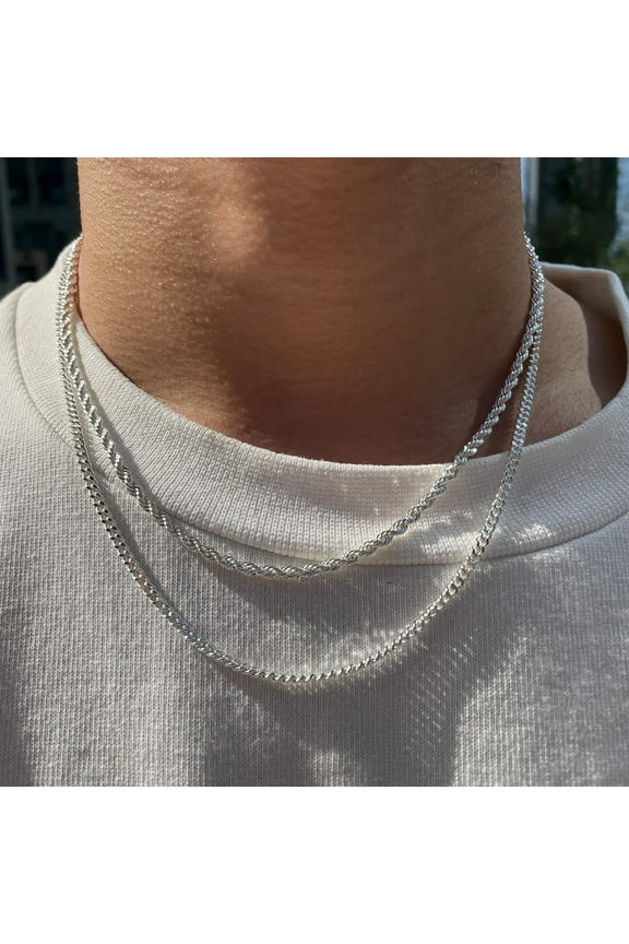 Trendy 2Pcs 3Mm Chain Necklace For Men - Layered Sterling Silver Cuban Link Rope Necklaces Set Simple Jewelry Gift 18-28 Inches Present Jewelry