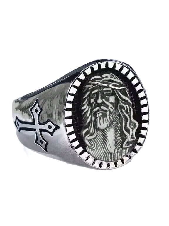 Unisex Jesus' Face Infinity Ring for Both Men and Women Antique Silver Toned Size 11 for Everyday Wear Gift Box Included