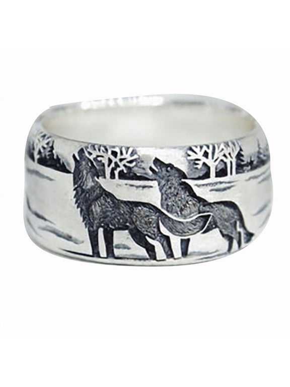 Unisex Wolf Band Ring for Women and Men Cubic Zirconia Halloween Jewelry Ring Size 6 Gift Box Included