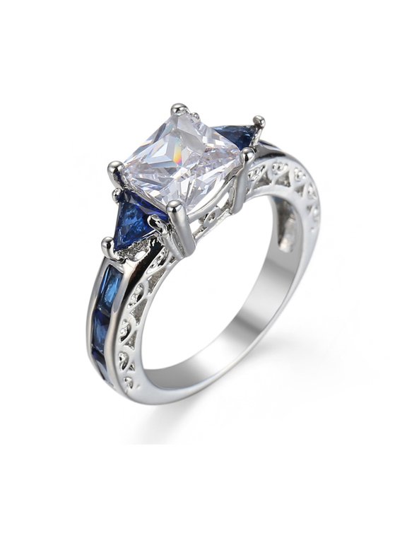 Women's Cluster Cube Ring 14K White Gold-Plated with Clear & Blue Cubic Zirconia, Cocktail Party, Size 5, Gift Box Included