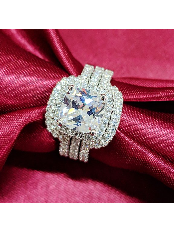 Cluster Square Ring for Women 14K White Gold Plated with Clear Cubic Zirconia for Everyday 3 Piece Set Size 9 Gift Box Included