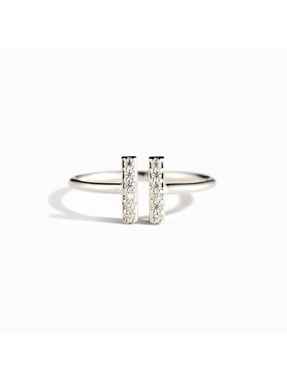 Open Double Bar Ring for Women 14K White Gold Plated with White Cubic Zirconia for Cocktail Party Adjustable Size Gift Box Included