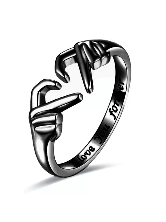 Hand Heart Promise Ring for Women 14K Black Gold Plated Size 6 for Everyday Wear Gift Box Included