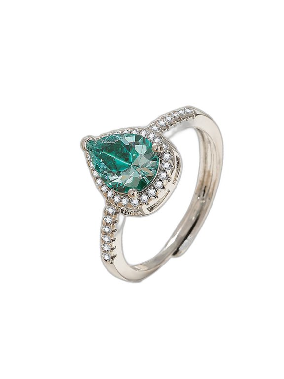 Open Pear Shape Ring for Women 14K White Gold Plated with Green and White Cubic Zirconia for Cocktail Party Adjustable Size Gift Box Included