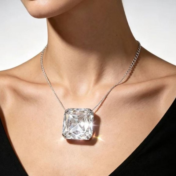 VOLALO Women's Pendant Cuban Link Chain Square Necklace 14K White Gold-Plated with White Cubic Zirconia, Daily Wear, 20 Inch, Gift Box Included