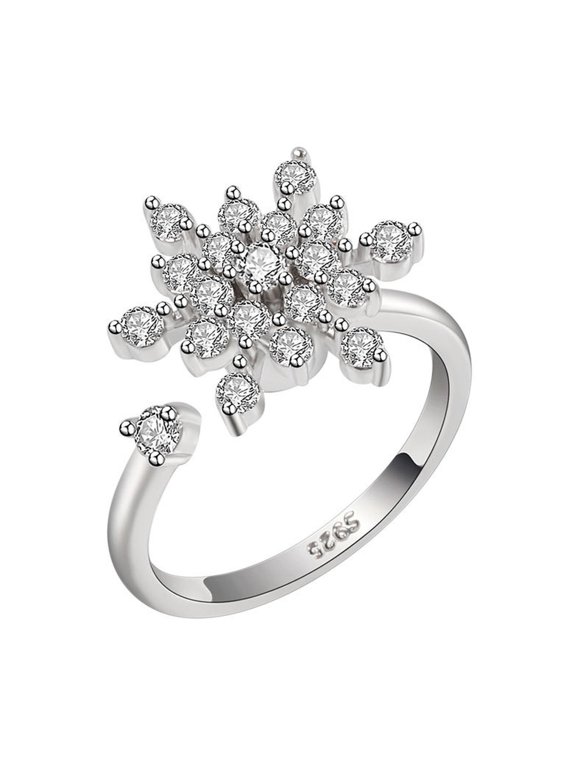 Snowflake Spinner Ring for Women 14K White Gold Plated with White Cubic Zirconia Adjustable Size for Birthday Gift Box Included