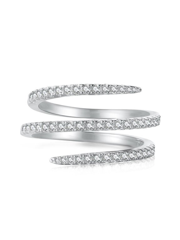 Women's Wrap Spring Ring 14K White Gold-Plated with White Cubic Zirconia, Cocktail Party, Size 8, Gift Box Included