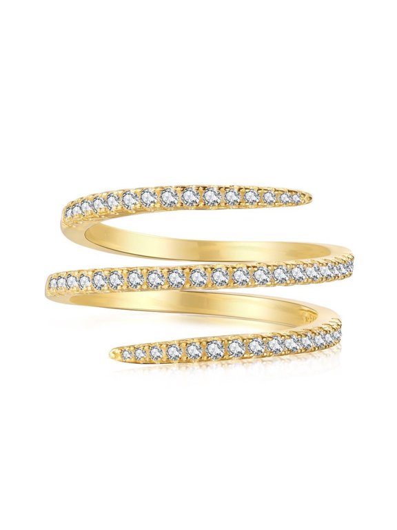 Women's Wrap Spring Ring 14K Yellow Gold-Plated with White Cubic Zirconia, Cocktail Party, Size 8, Gift Box Included