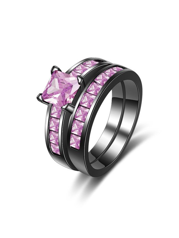 Women's Stacking Cube Ring 14K Black Gold-Plated with Pink Cubic Zirconia, Valentine's Day Gift, Size 5, 2-Piece Set, Gift Box Included