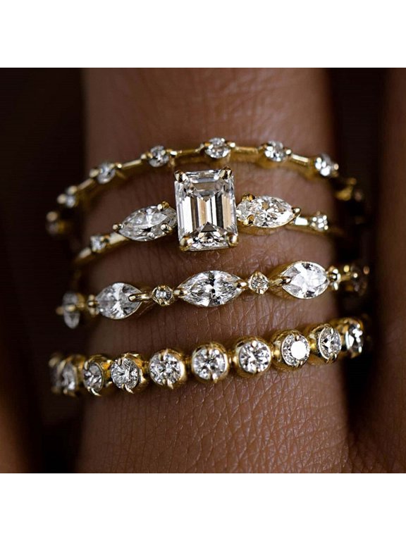 Stacking Ring for Women 14K Gold Plated with Clear Cubic Zirconia for Birthday 4 Piece Set Size 12 Gift Box Included