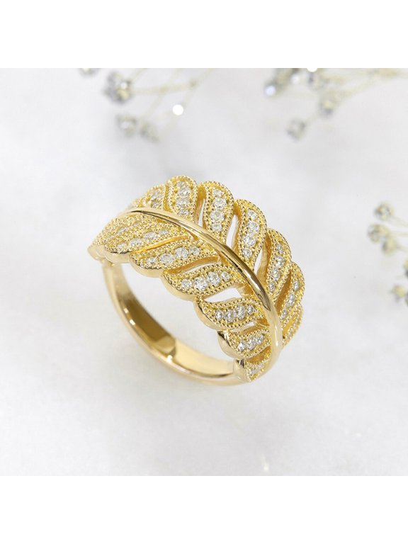 Statement Leaf Ring for Women 14K Gold Plated with White Cubic Zirconia for Everyday Size 9 Gift Box Included