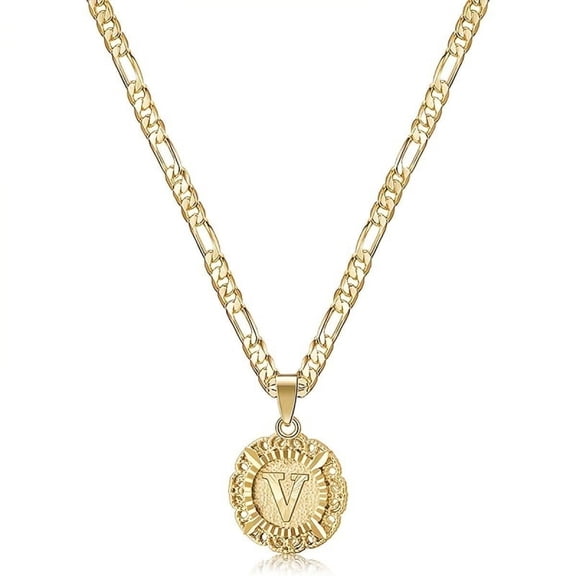 VOLALO Jewelry Initial Pendant Necklace for Men Womens, 14K Gold Plated Round Letter Capital Necklace Alphabets from A-Z Figaro Chain Necklace