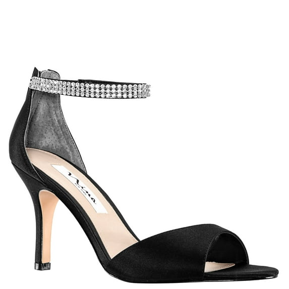 NINA Womens Black Cushioned Ankle Strap Embellished Volanda Almond Toe Stiletto Zip-Up Leather Dress Sandals 8 M