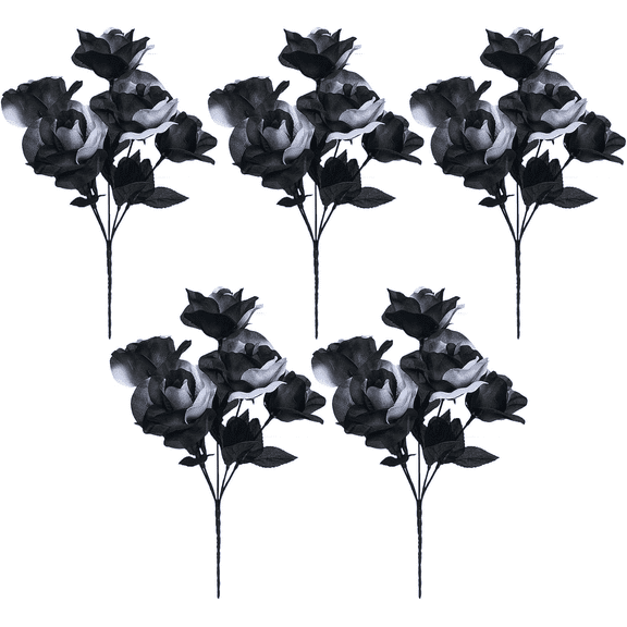 VOLAPILAR 5 Bunches Artificial Black Roses, Faded Gothic Faux Flowers for Halloween Decor, Spooky Centerpiece, Haunted House & Witch Room Decorations
