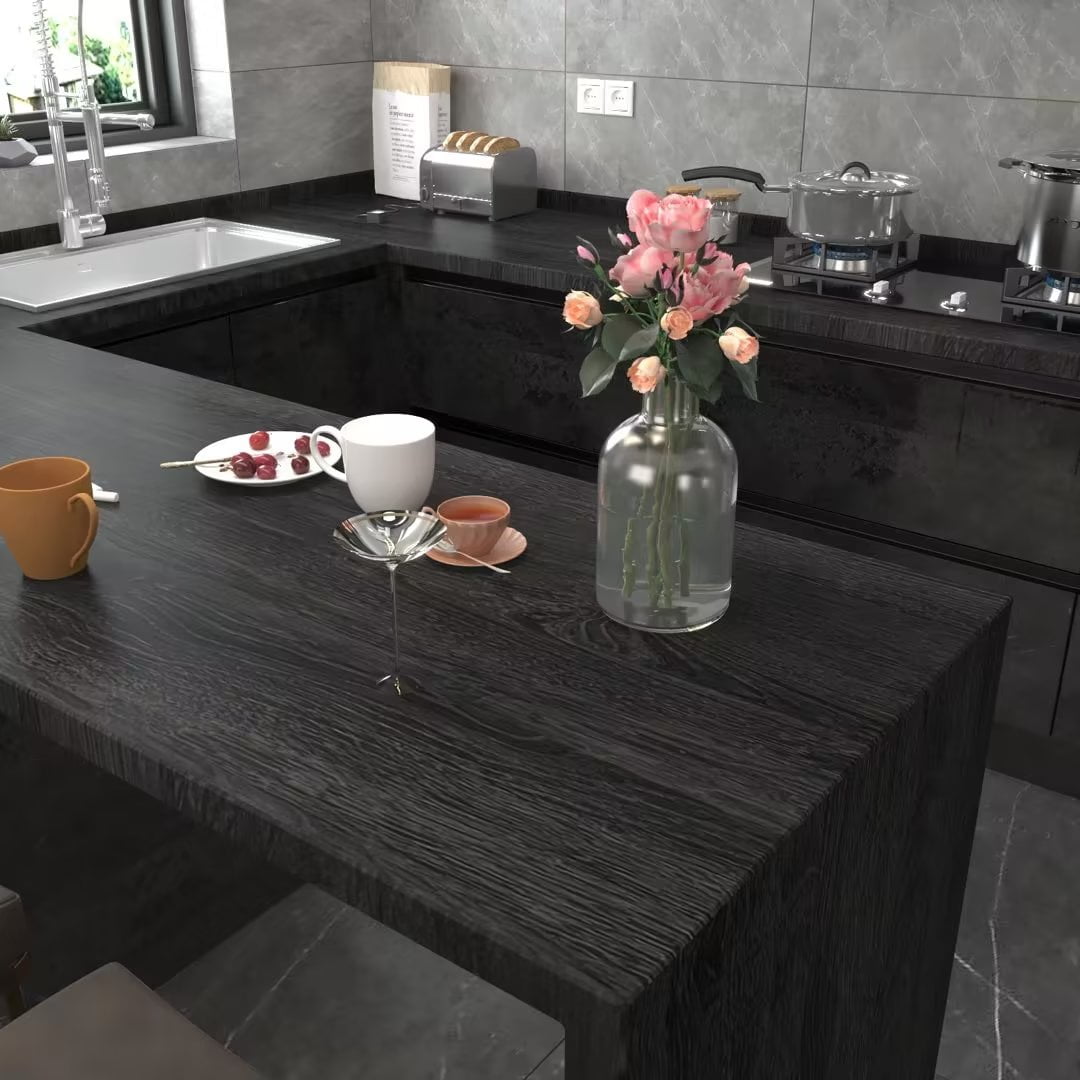 VOLEAAR Black and Grey Wood Contact Paper 15.7 x 393.7 Inches Peel and Stick Wallpaper Vinyl Self Adhesive Removable Waterproof Wood Look Grain Wall Paper for Wall Countertop Cabinet