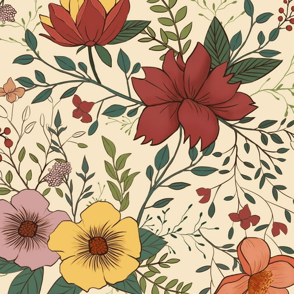 VOLEAAR Floral Wallpaper Vintage Peel and Stick Wallpaper Leaf Flower Contact Paper Vinyl Removable Waterproof Boho Wallpaper for Room Wall Bedroom Kitchen Yellow Pink Red 17.5In x 9.8Ft