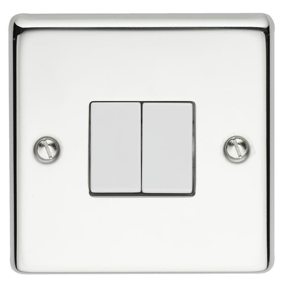 VOLEX - 2 Gang 2 Way 10AX Angled Edge Light Switch, Polished Chrome / White