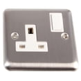 thumbnail image 1 of VOLEX ACCESSORIES 1 Gang 13A DP Switched Socket, Brushed Stainless Steel / White, 1 of 1