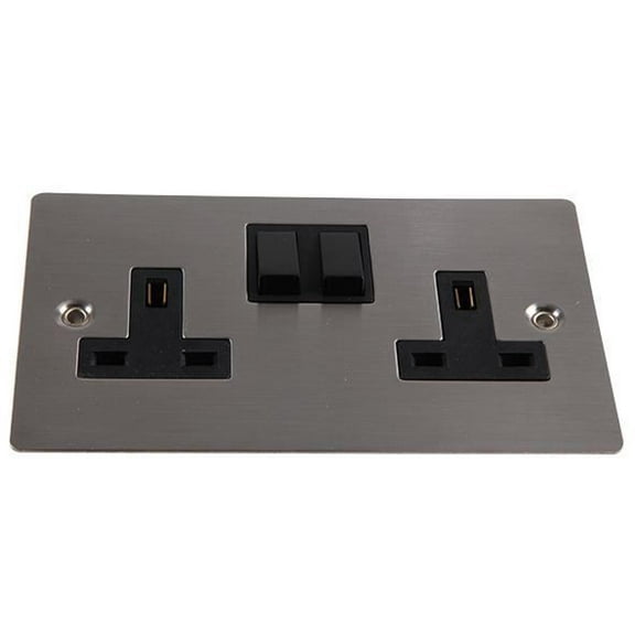VOLEX ACCESSORIES 2 Gang DP 13A Switched Socket, Brushed Stainless Steel / Black