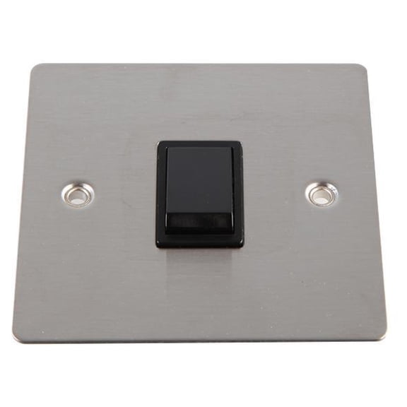 VOLEX Flat Plate 1 Gang 2 Way 10AX Light Switch, Brushed Stainless Steel / Black