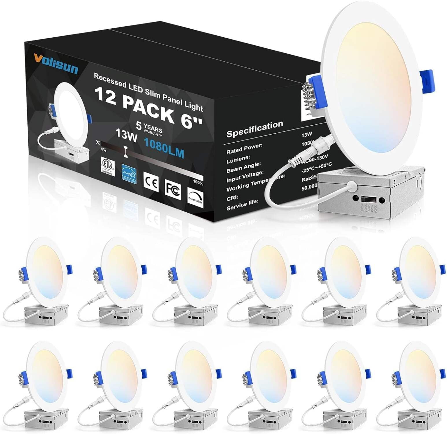 Volisun 12-Pack 6-Inch White Aluminum LED Recessed Lights