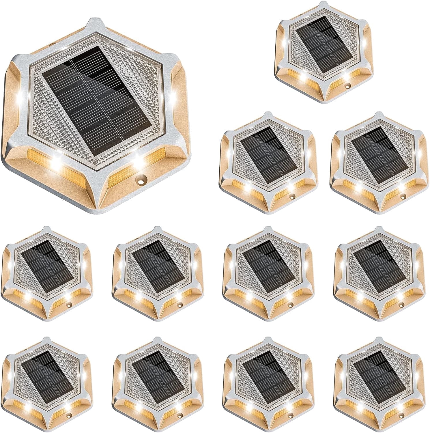 Solar Driveway Lights Dock Outdoor Waterproof Marker Lights,12 Pack Solar Deck Lights 2 Colors in 1 Led Wireless IP67,Solar Deck Lights for Sidewalk Pathway Yard(White/Warm White),Auto On/Off