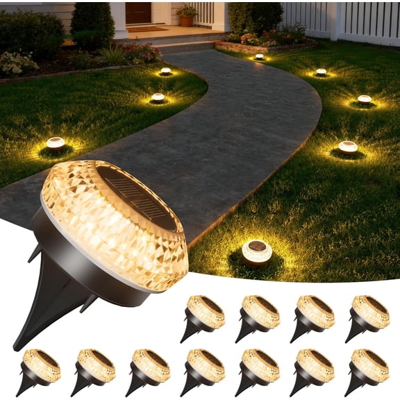 VOLISUN Solar Ground Lights Outdoor,12 Pack Flat Solar Pathway Lights | IP67 Waterproof Solar Powered Disc Lights,Landscape Lighting for Garden Yard Walkway Patio Driveway,Warm White