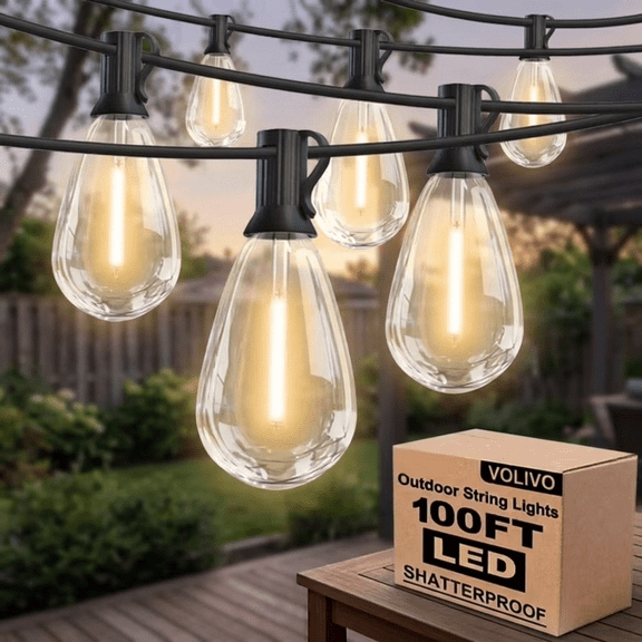 VOLIVO 100FT Outdoor String Lights, S14 Patio Lights with 24 LEDs, Connectable Hanging Lights, Waterproof for Porch, Yard, Garden, Party Decor