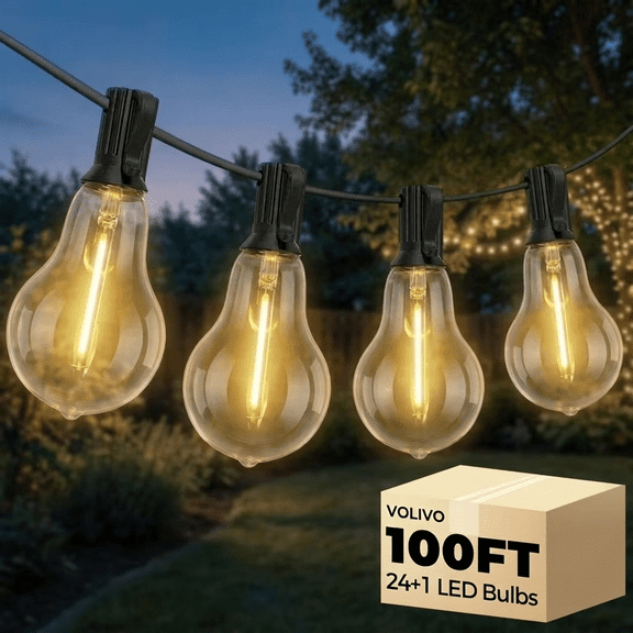 VOLIVO 100FT Outdoor String Lights, 24 1 A39 Warm White Bulbs, Connectable Patio Hanging Lights, Shatterproof for Backyard, Party, Wedding, Outdoor Decor