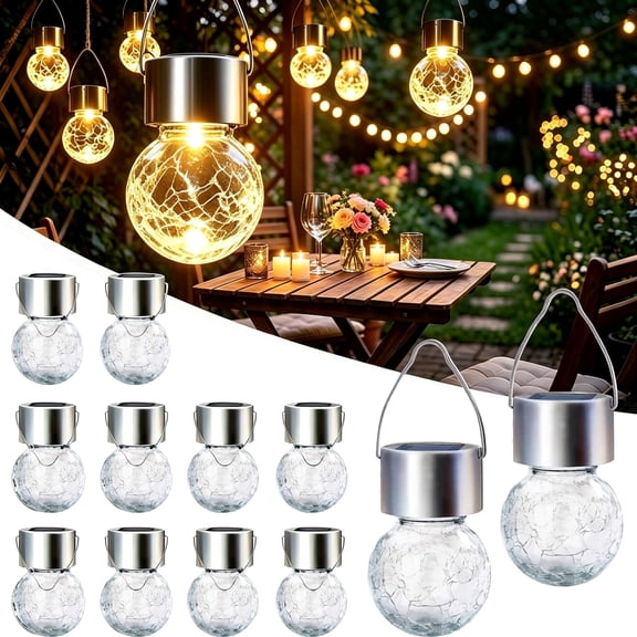 VOLIVO 12 Pack Hanging Solar Lights Outdoor, Solar Hanging Lanterns with Globe Cracked Glass Ball for Yard Patio Fence Decoration (Warm White)
