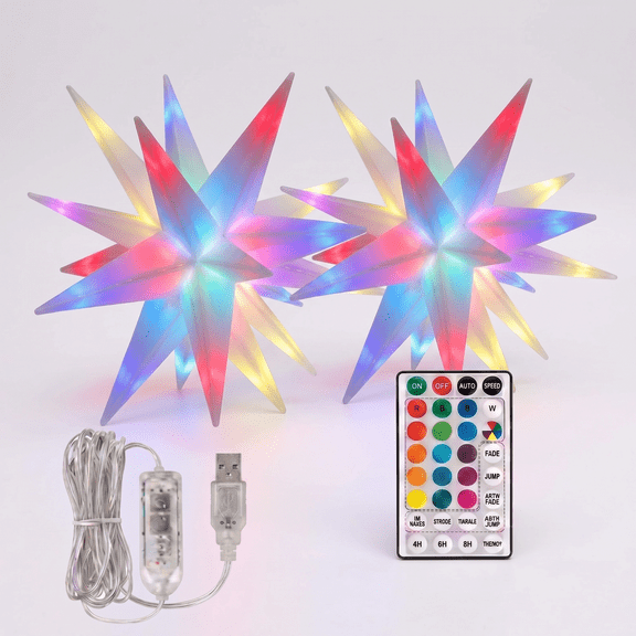 DAYBETTER 2Pack Lighted Moravian Star, Multicolor 3D Foldable Star with Remote Control & Timer, 3-in-1 Design LED Star Lights, Christmas Tree Topper Star for Holiday Wedding Birthday